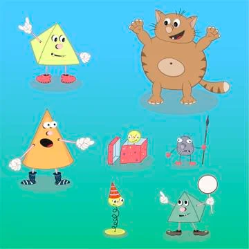 Set of vector cartoon characters cone, pyramid, cat and spring on a colored b Stock Illustration