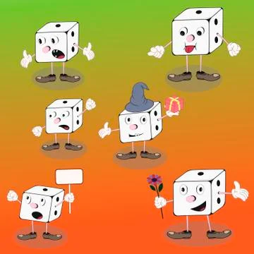Set of vector cartoon characters dice cube on a colorful background for the d Stock Illustration