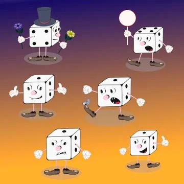 Set of vector cartoon characters dice cube shows different emotions on a colo Stock Illustration
