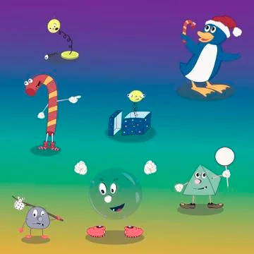 Set of vector cartoon characters in different poses: candy, penguin, spring a Stock Illustration