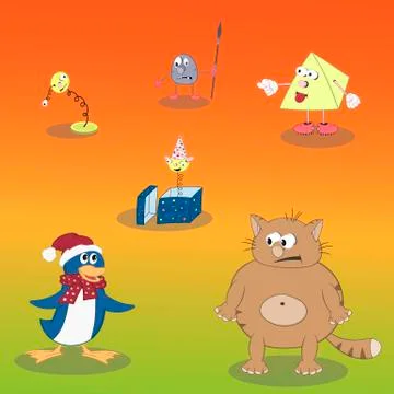 Set of vector cartoon characters in different poses: cat, penguin, spring and Stock Illustration