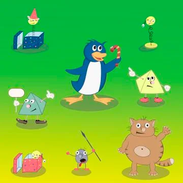 Set of vector cartoon characters in different poses: cat, penguin, spring and Stock Illustration