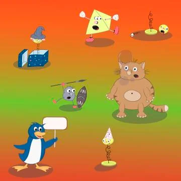 Set of vector cartoon characters in different emotions: cat, penguin, spring  Illustrazione stock