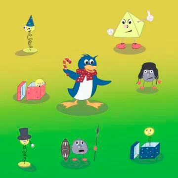 Set of vector cartoon characters in different emotions and poses: penguin, sp Stock Illustration