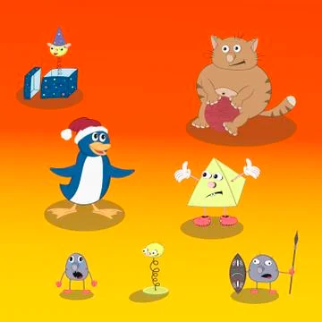 Set of vector cartoon characters in different emotions and poses: cat, pengui Illustrazione stock