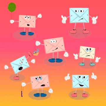 Set of vector cartoon characters envelope with eyes on a colorful background  Stock Illustration
