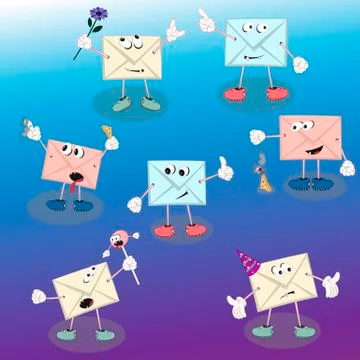 Set of vector cartoon characters envelope with eyes on a blue background for  Stock Illustration
