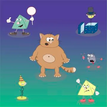 Set of vector cartoon characters pyramid, cat and spring on a colored backgro Stock Illustration