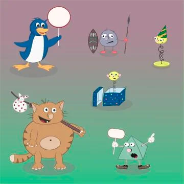 Set of vector cartoon characters pyramid, cat, penguin and spring on a colore Stock Illustration