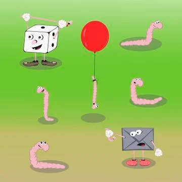 Set of vector cartoon characters worm, dice cube and envelope show different  Stock Illustration
