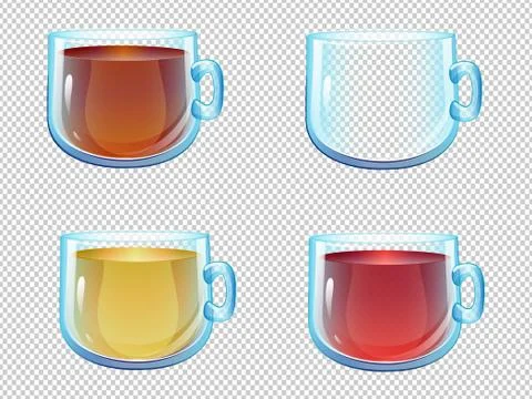 Set vector cartoon cup of transparent material with green, black and red tea Stock Illustration
