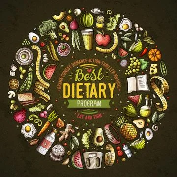Set of vector cartoon doodle Diet food objects collected in a round border イラスト素材