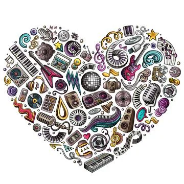 Set of vector cartoon doodle musical objects collected in a heart Illustrazione stock