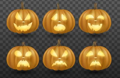 Set of vector cartoon emotional 3D pumpkins with glowing eyes isolated on a d Stock Illustration