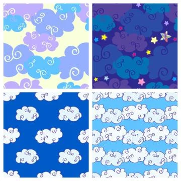 Set of vector cartoon hand drawn clouds seamless patterns 库存插图