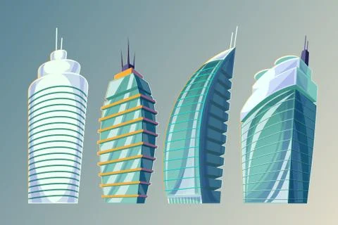 Set vector cartoon illustration of an abstract urban large modern buildings. Illustrazione stock