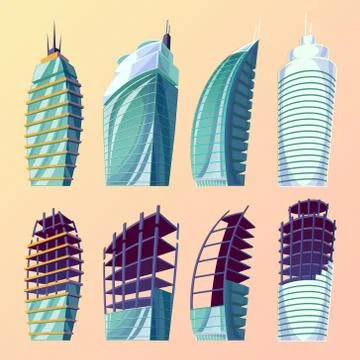 Set vector cartoon illustration of an abstract urban large modern buildings Ilustración de archivo