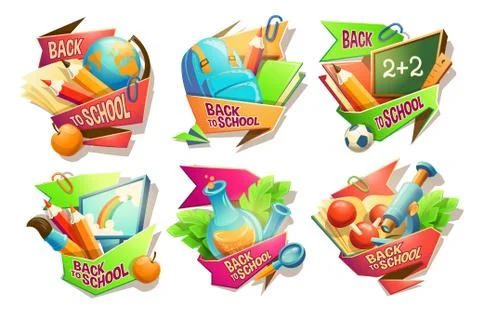 Set of vector cartoon illustrations, badges, stickers, emblems, colored icons of Illustrazione stock