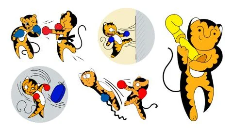 Set of vector cartoon illustrations of a cute young tiger cub martial artist. Stock Illustration