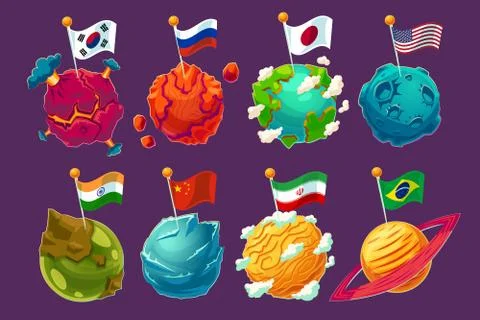 Set of vector cartoon illustrations fantasy alien planets with fluttering flags イラスト素材