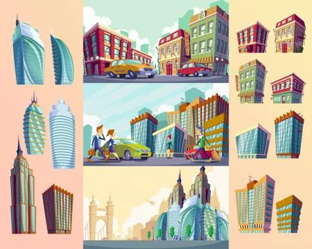 Set vector cartoon illustrations of an old buildings, urban large modern Stock-Illustration