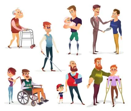 Set of vector cartoon illustrations of people with disabilities isolated on Stock-Illustration