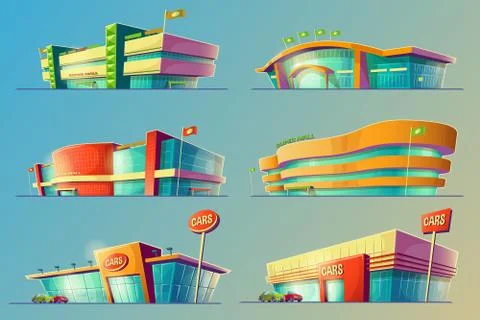 Set of vector cartoon illustrations, various supermarket buildings, shops, large Stock Illustration