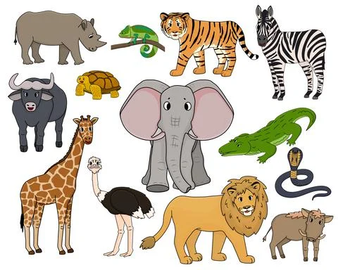 Set of vector cartoon isolated outline Savannah animals. Tiger, lion, rhinoce Stock Illustration