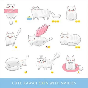 Set of vector cartoon stickers with cats with different emotions. Stock Illustration
