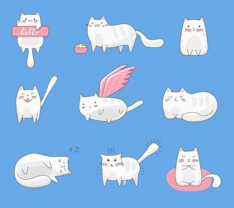 Set of vector cartoon stickers with cats with different emotions. Stock Illustration