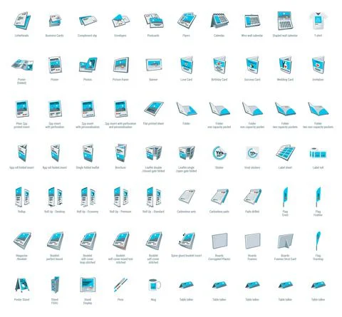 Set of vector cartoon style printing products icons. Stock Illustration