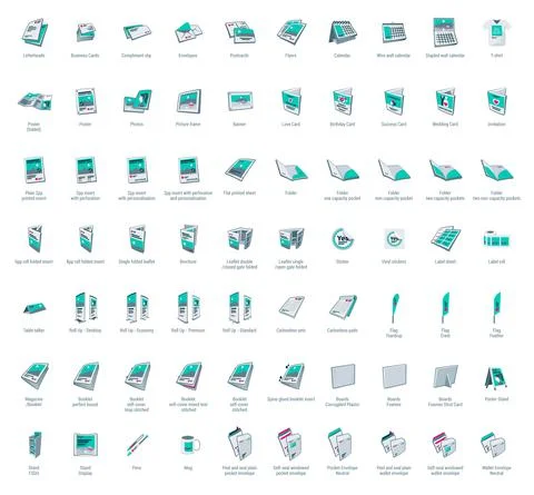 Set of vector cartoon style printing products icons. Stock Illustration