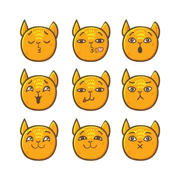 Set of vector cat emoticons in line style. Cute cat emoji in cartoon style. F Stock Illustration