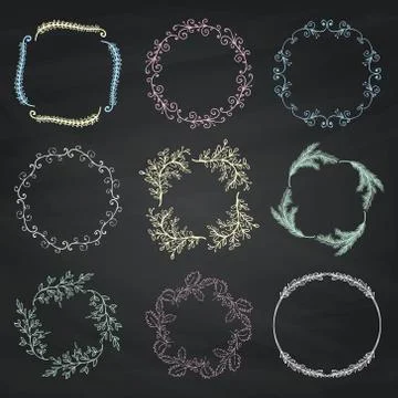 Set of Vector Chalk Drawing Floral Borders, Frames イラスト素材