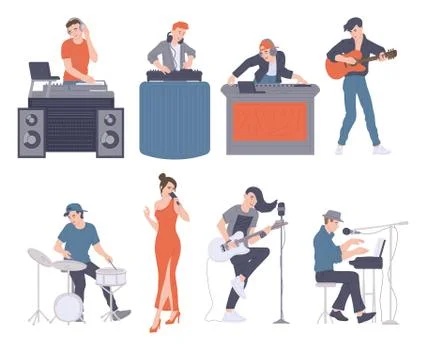 Set of vector characters of musicians, singers and DJs with musical equipment Stock Illustration