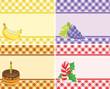 Set of vector checkered backgrounds frames of different colors. fruits and ho Stock Illustration