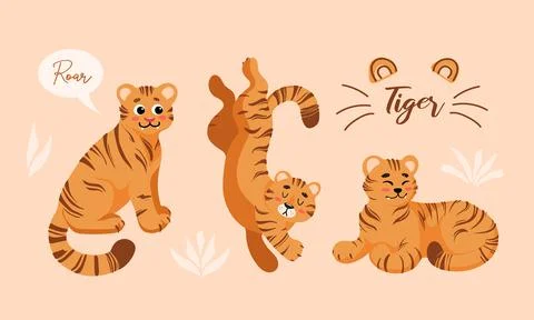 Set of vector childish colored cartoon illustrations of cute tiger in differe Stock Illustration