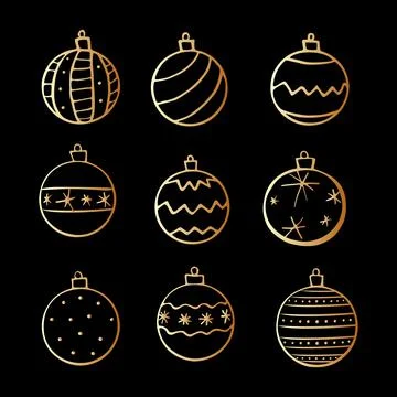 Set of vector Christmas outline gold tree balls. Simple hand drawn elements,  Illustrazione stock