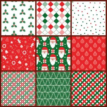 Set of vector Christmas patterns, 9 different patterns, red and green colors Stockillustratie