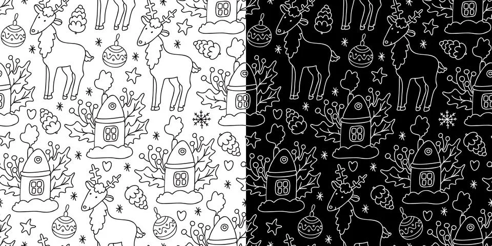 Set of vector Christmas seamless patterns with Xmas houses, reindeers. Stock Illustration