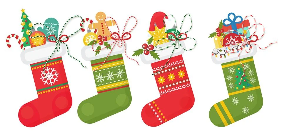 Set of vector Christmas socks in red andd green colors with various patterns Stockillustratie