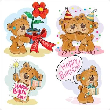 Set of vector clip art illustrations of brown teddy bear wishes you a happy Stock-Illustration