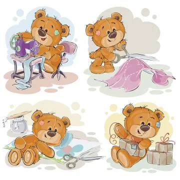 Set of vector clip art illustrations of teddy bears and their hand maid hobby Stock-Illustration