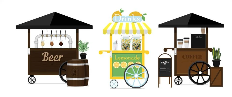 Set of vector coffee, beer and lemonade carts. Vector flat illustration of a Stock Illustration