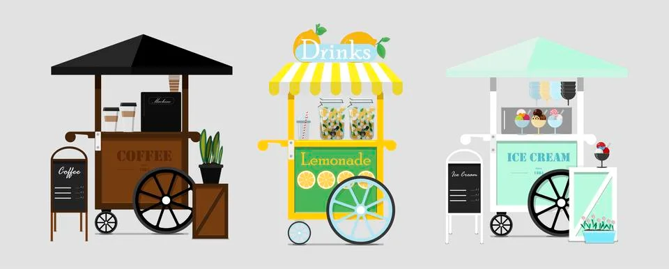 Set of vector coffee, ice cream and lemonade carts. Vector flat illustration of Stock Illustration