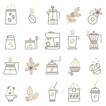 Set of vector coffee icons in a linear style isolated on a white background. Stock Illustration