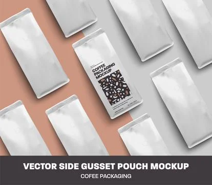 Set of vector coffee packages laid out on the surface, top view. Side gusse.. Stock Illustration