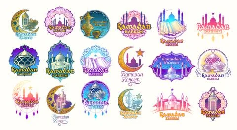 Set vector color illustrations, badges, emblems for Ramadan Kareem. Stock Illustration