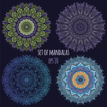Set of vector color Mandala on the dark background. Stock Illustration