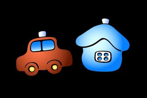 Set of vector color xmas tree toys, decorations in form of car and house. Cli Illustrazione stock